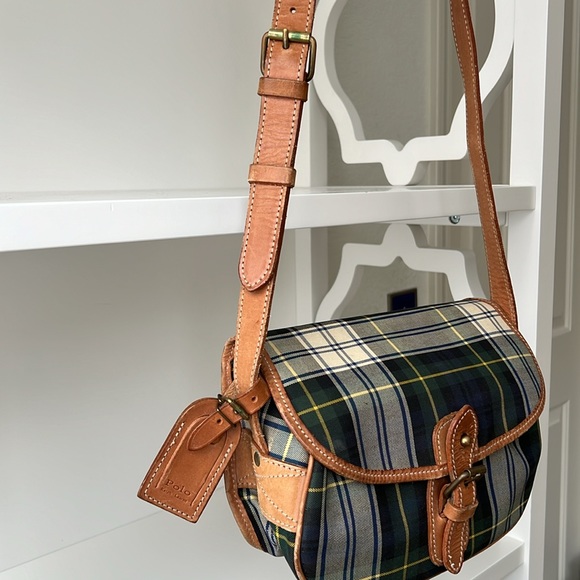 Ralph Lauren Vintage Tartan Plaid Blue Green Leather Brass Canvas Plaid Bag - Picture 3 of 15